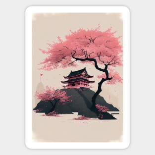 Serene Serenity: Minimal Japanese Temple and Cherry Blossoms Sticker